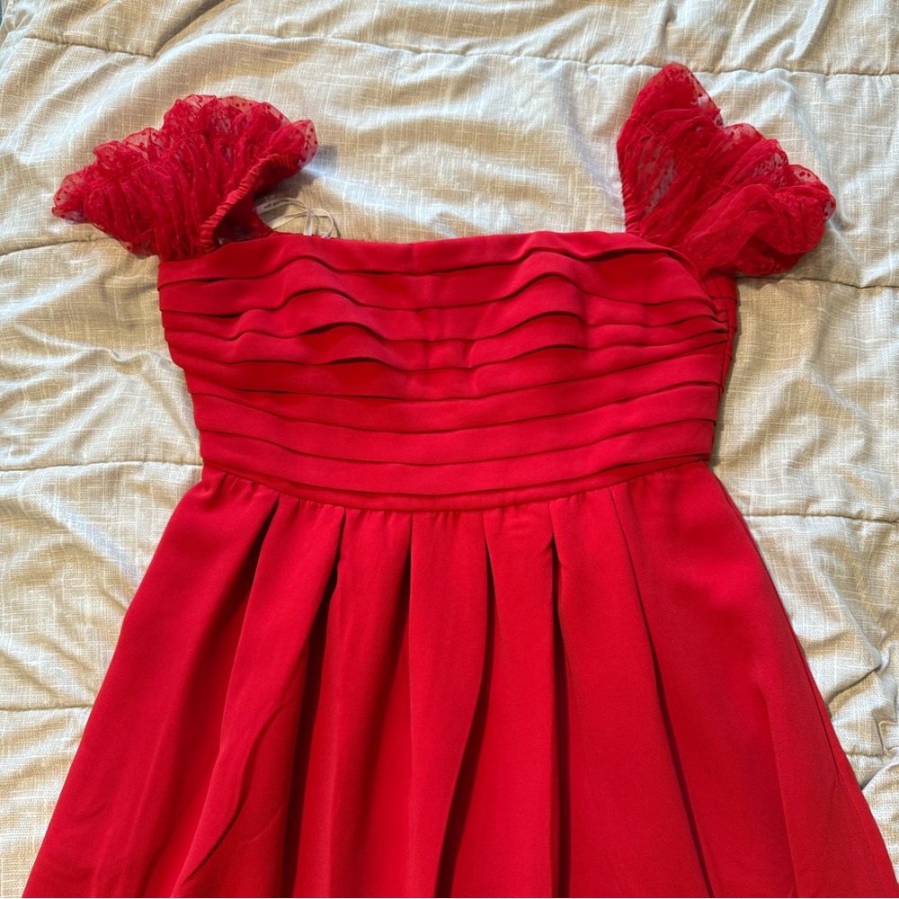 Self-Portrait Red Cotton-Blend Midi Dress with Lace Sleeves - Picture 2 of 5